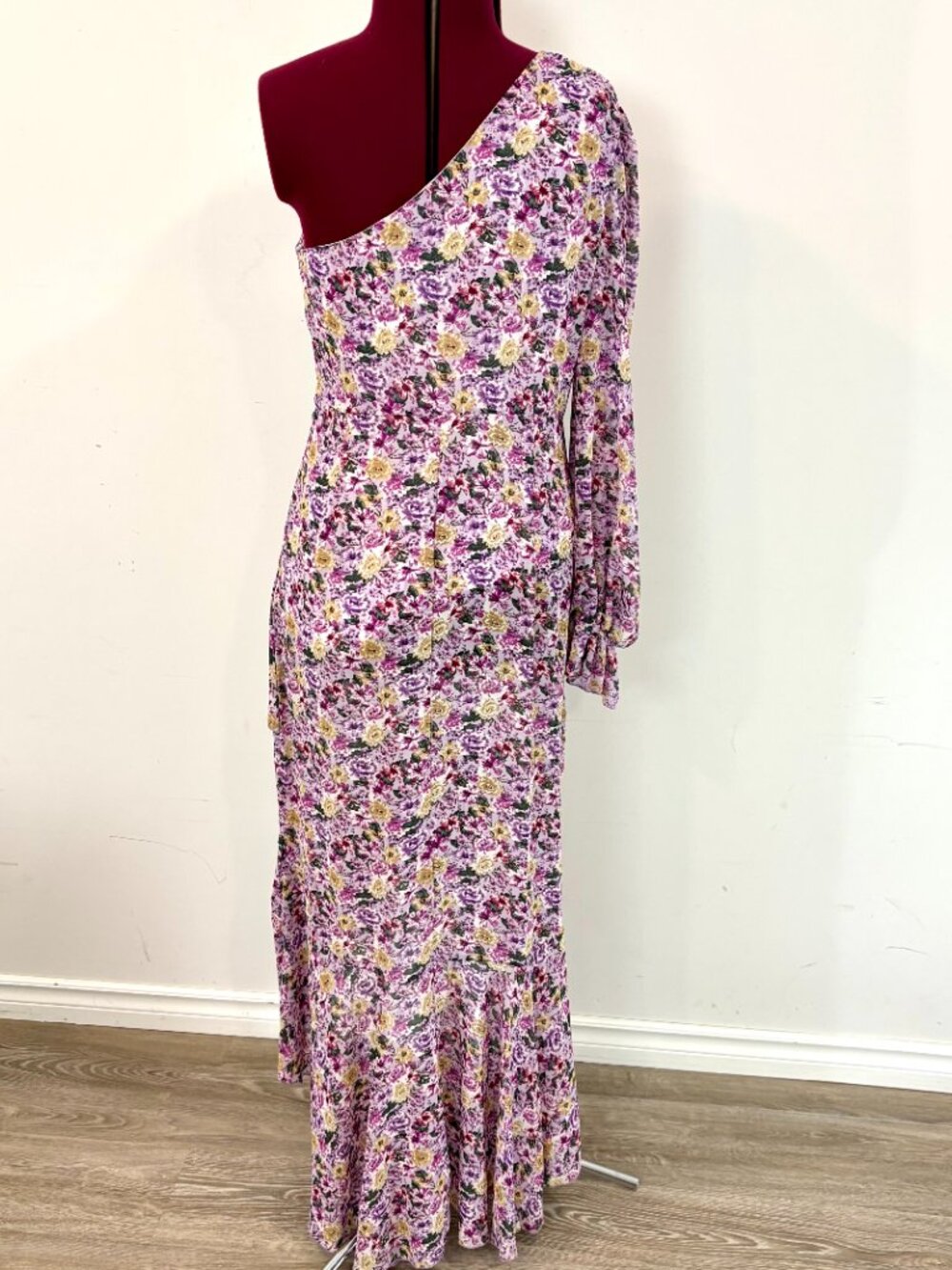 SHEIN One Shoulder Ruffle Hem Dress Pink Purple Floral Maxi Dress sz L - Picture 4 of 11